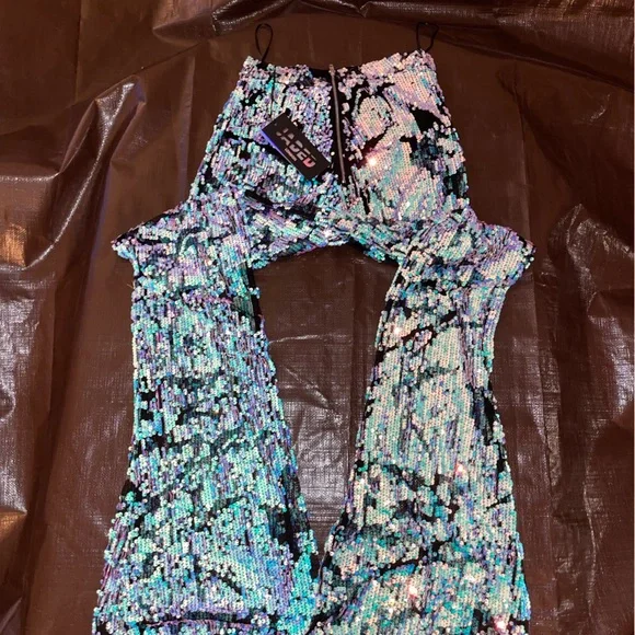 RARE jaded London distressed sequin flares flared rave festival bell bottom pant - Picture 8 of 8